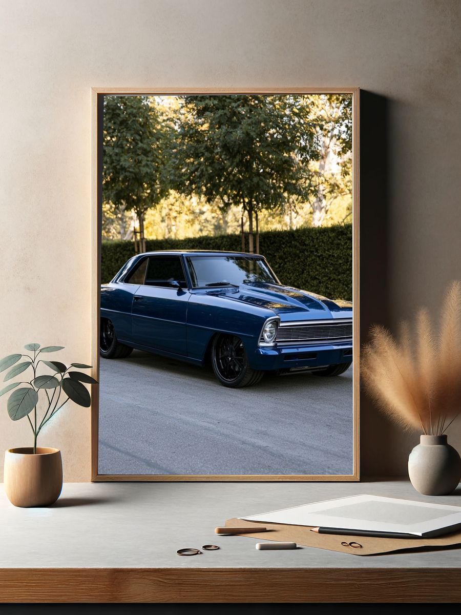 Classic Blue Muscle Car Photography Poster. — room view 2