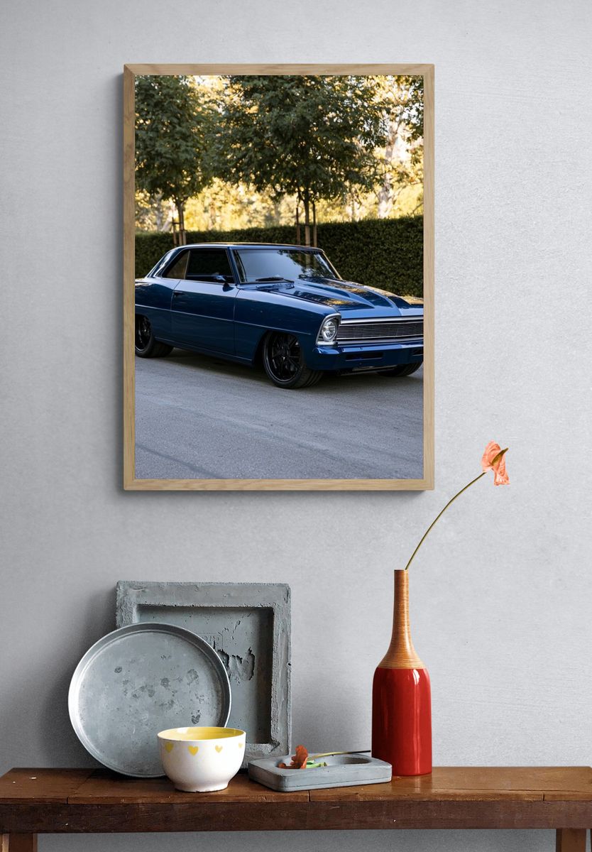 Classic Blue Muscle Car Photography Poster. — room view 3