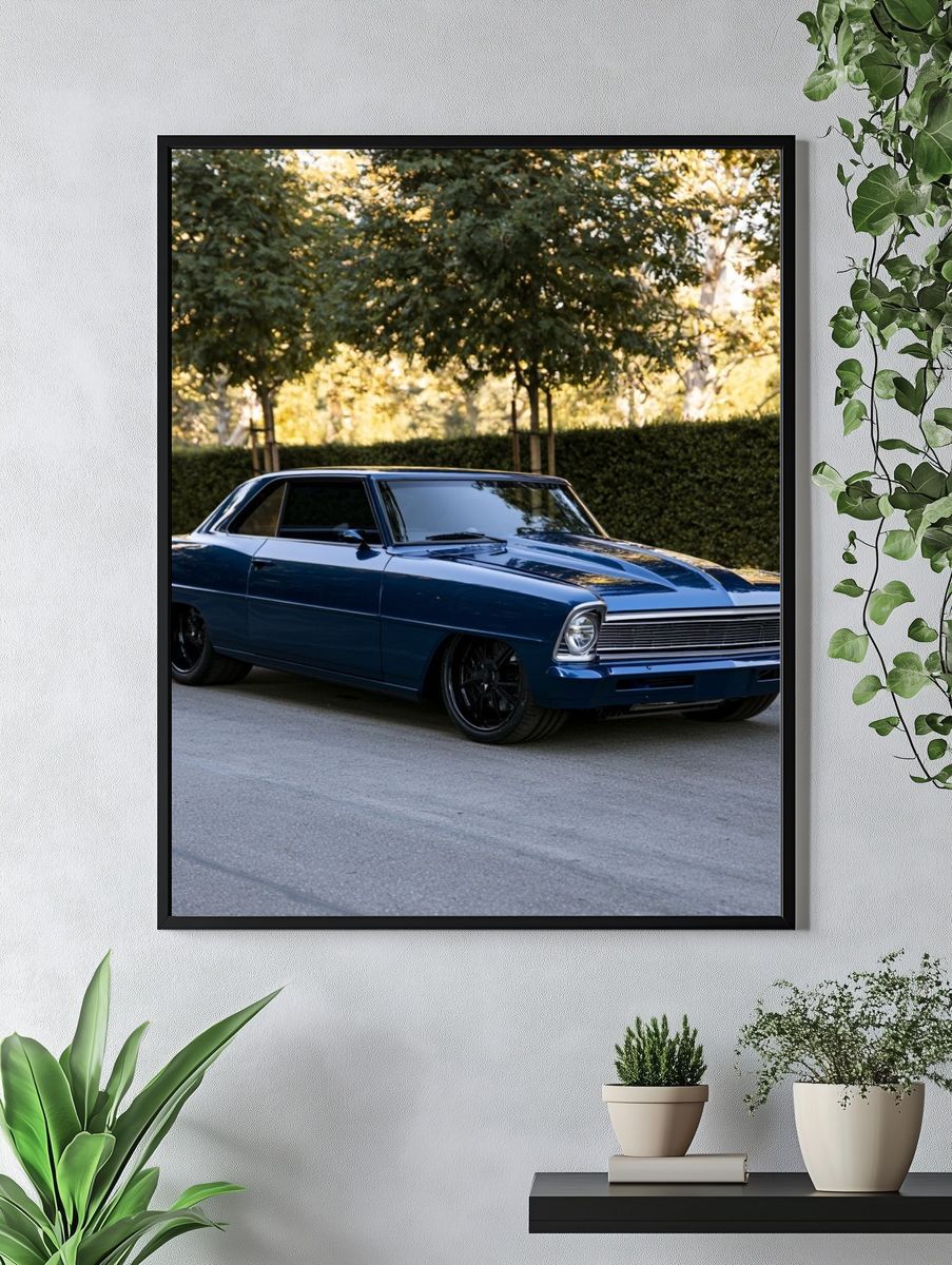 Classic Blue Muscle Car Photography Poster. — room view 4