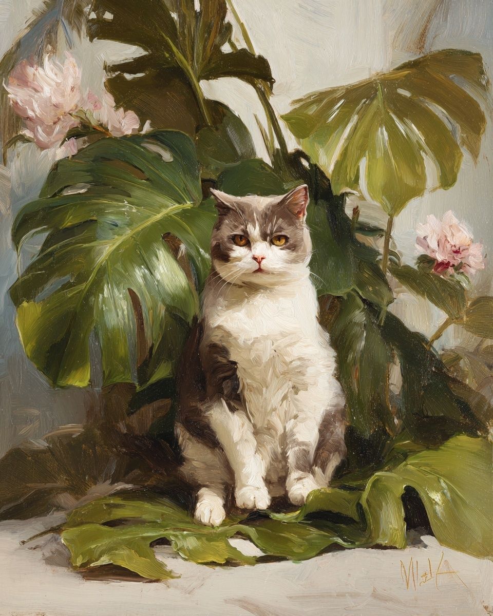 Cat Among Tropical Leaves — Painting Print. poster — animals art