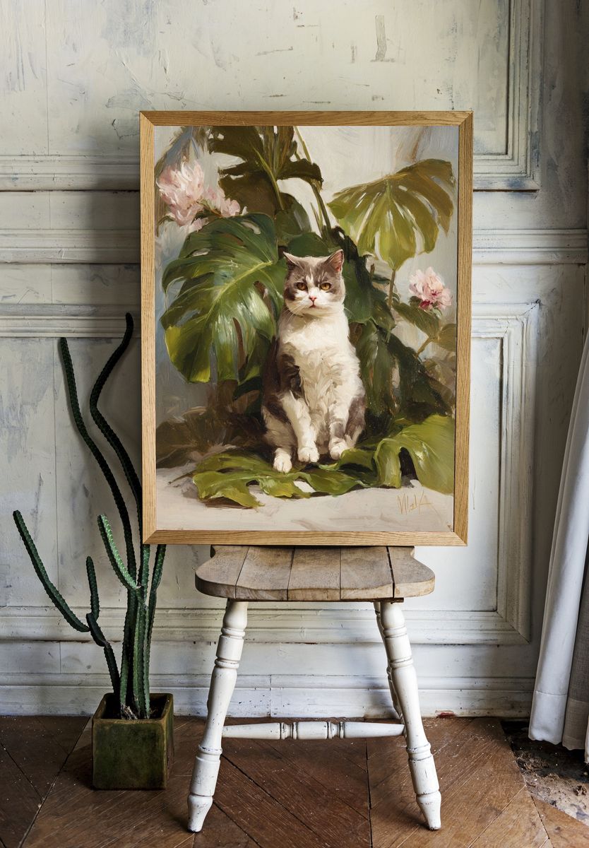 Cat Among Tropical Leaves — Painting Print room preview