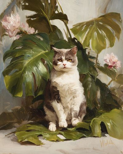 Cat Among Tropical Leaves — Painting Print