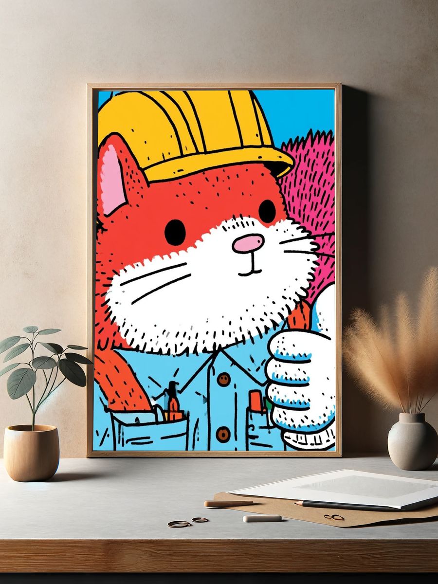 Construction Cat Cartoon Poster. — room view 2