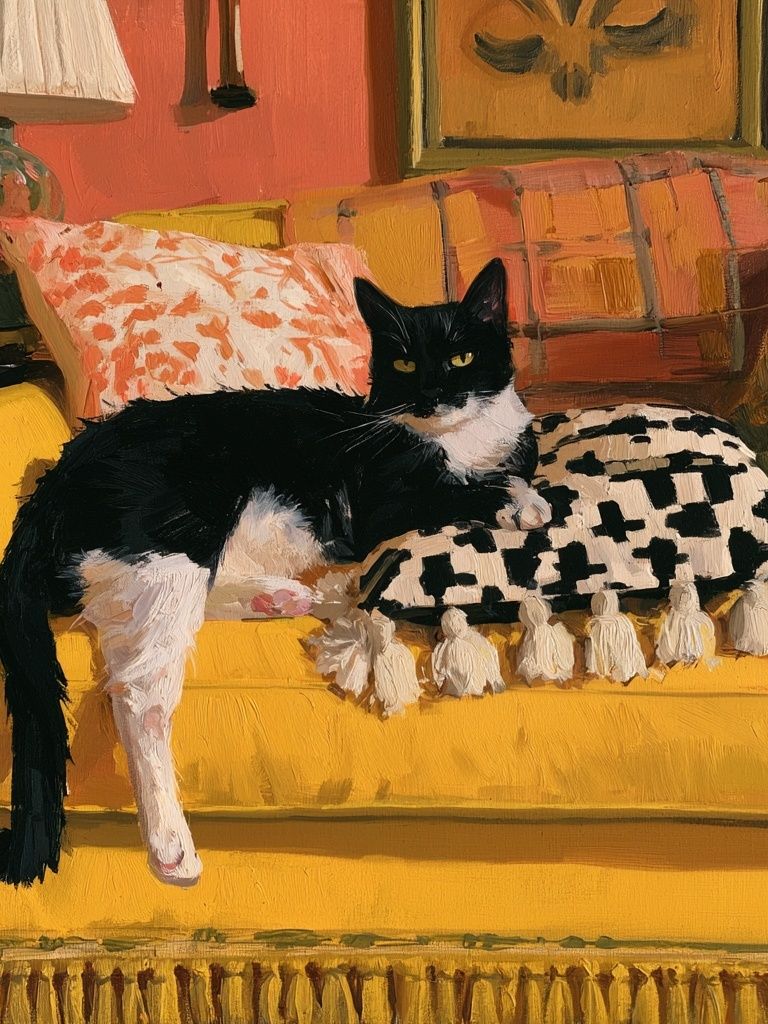 Black and White Cat on Yellow Sofa Poster. poster detail