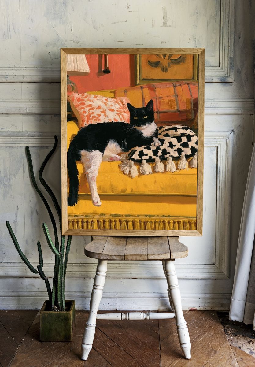 Black and White Cat on Yellow Sofa Poster. — room view 1