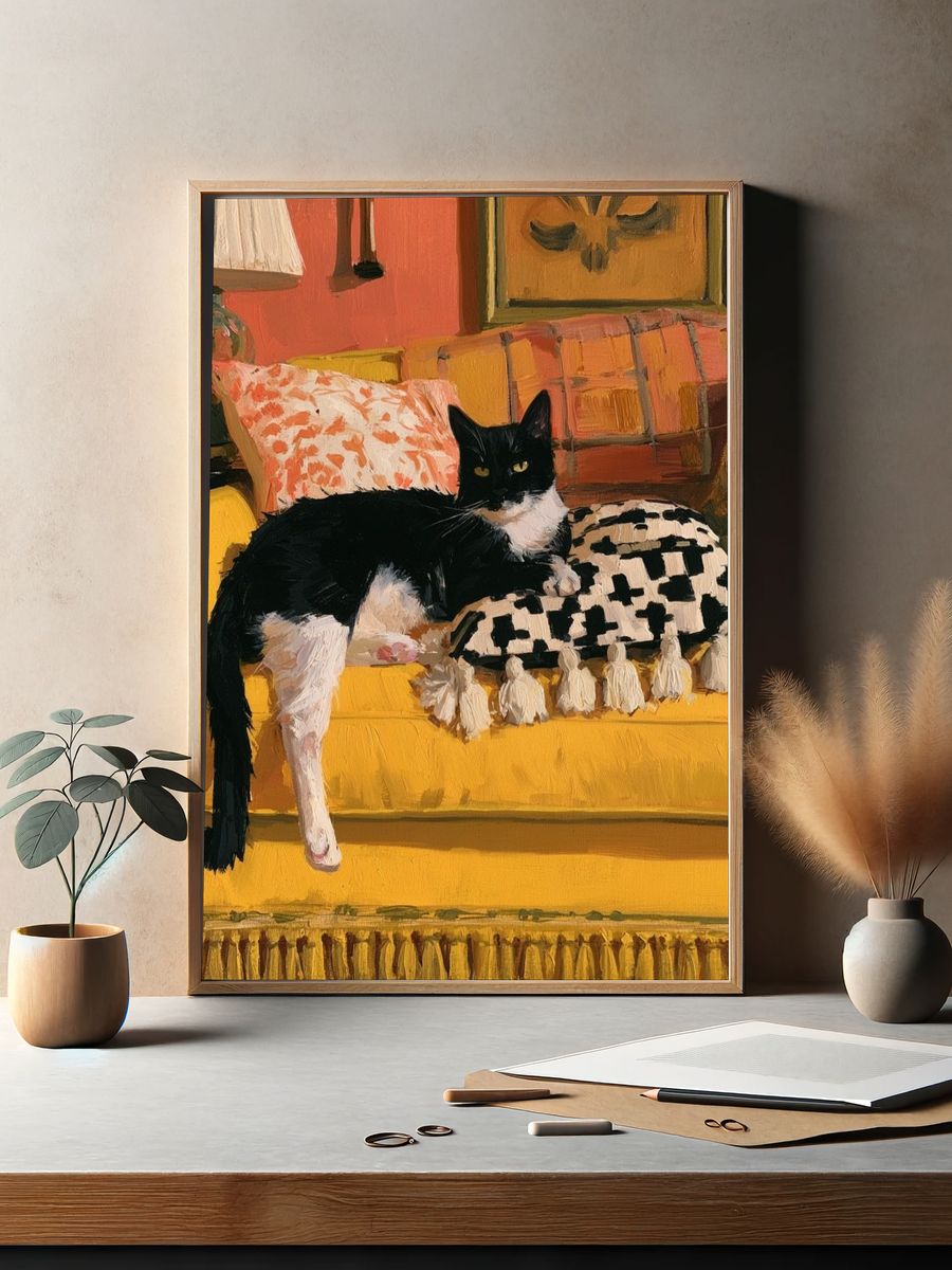 Black and White Cat on Yellow Sofa Poster. — room view 2