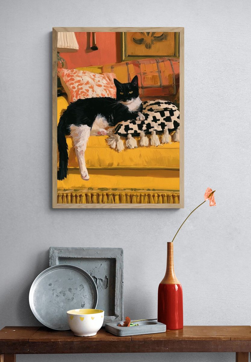 Black and White Cat on Yellow Sofa Poster. — room view 3