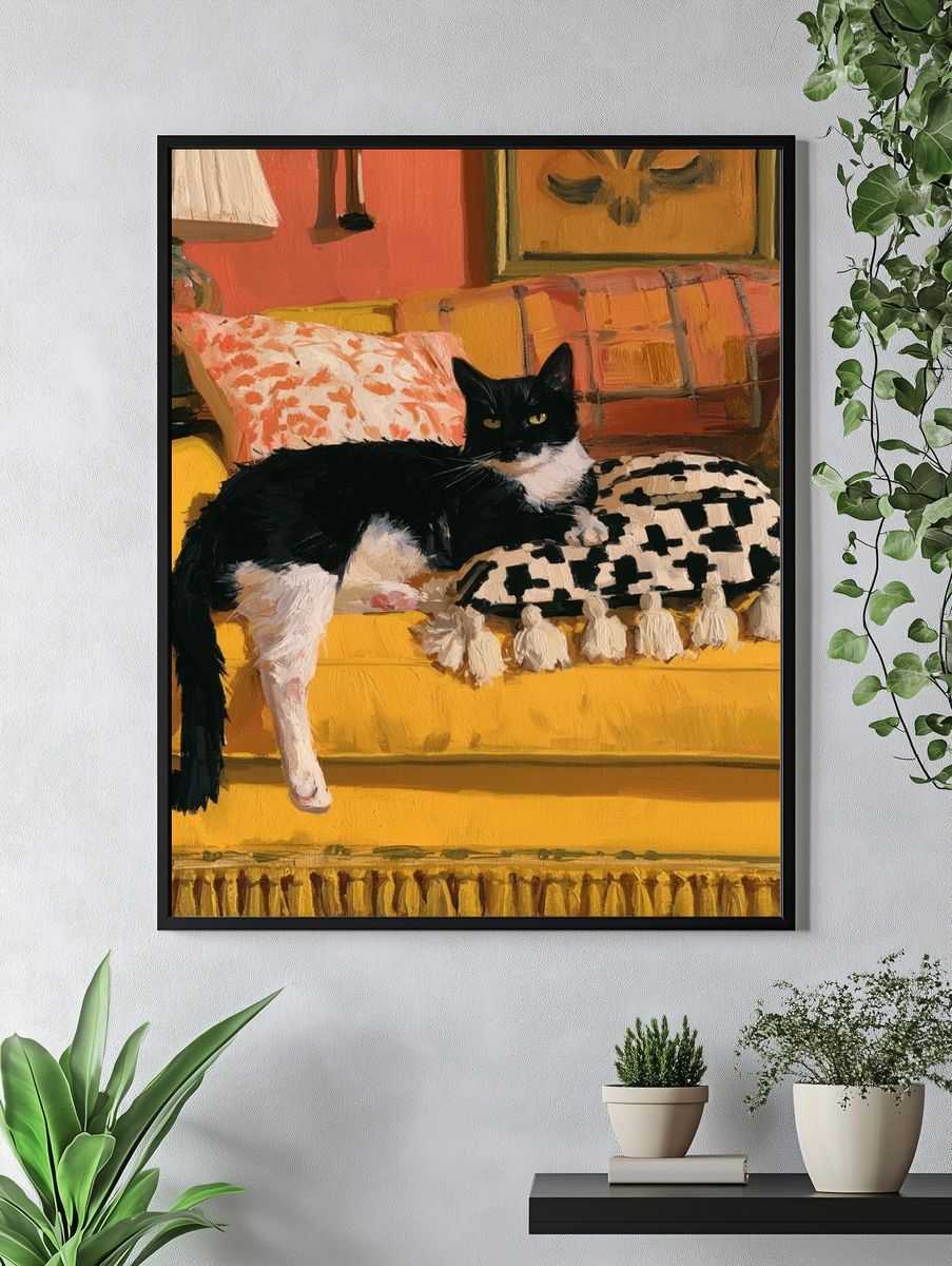 Black and White Cat on Yellow Sofa Poster. — room view 4