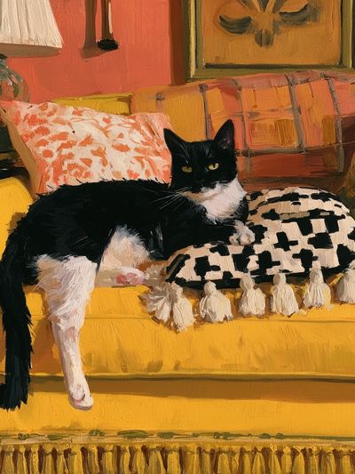 Black and White Cat on Yellow Sofa Poster. poster