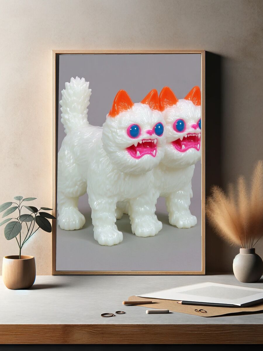 Two-Headed Cat Toy — Fun Illustration Print. — room view 2