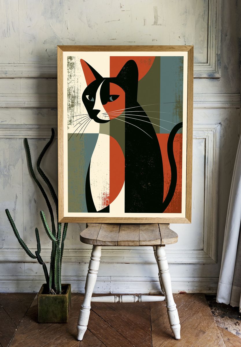 Geometric Cat Mid-Century Modern Poster. — room view 1