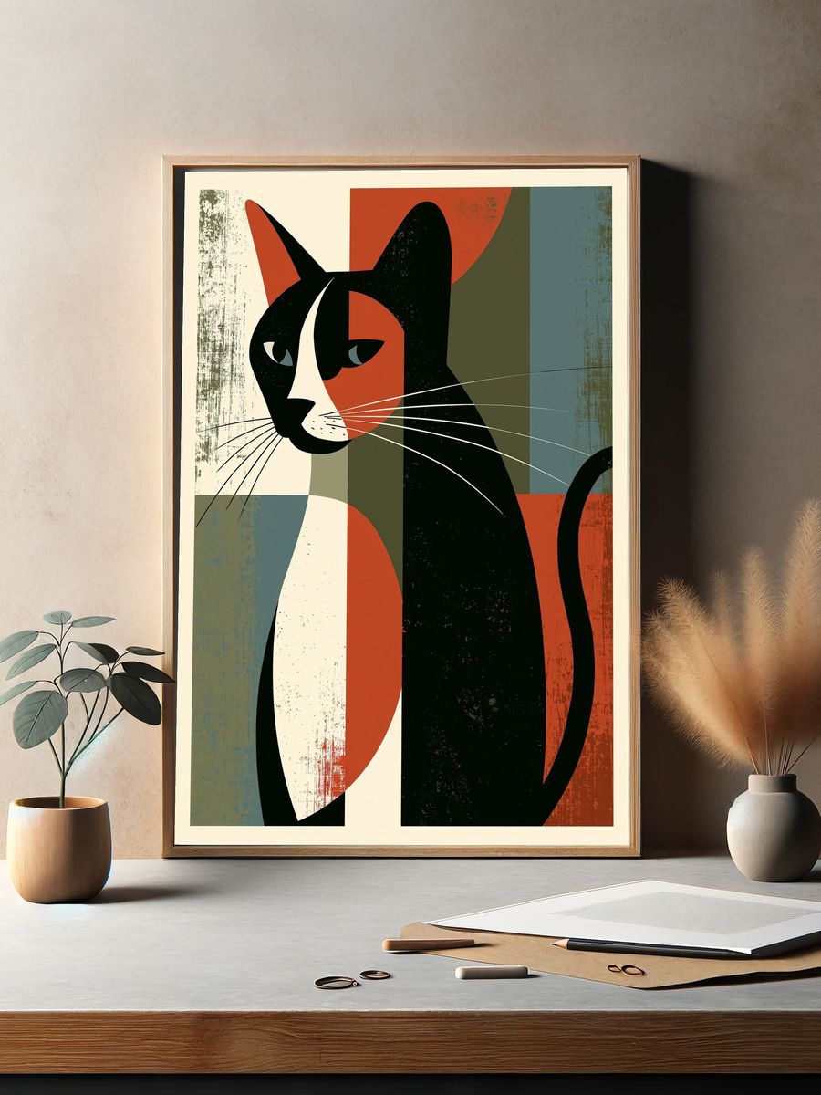 Geometric Cat Mid-Century Modern Poster. — room view 2