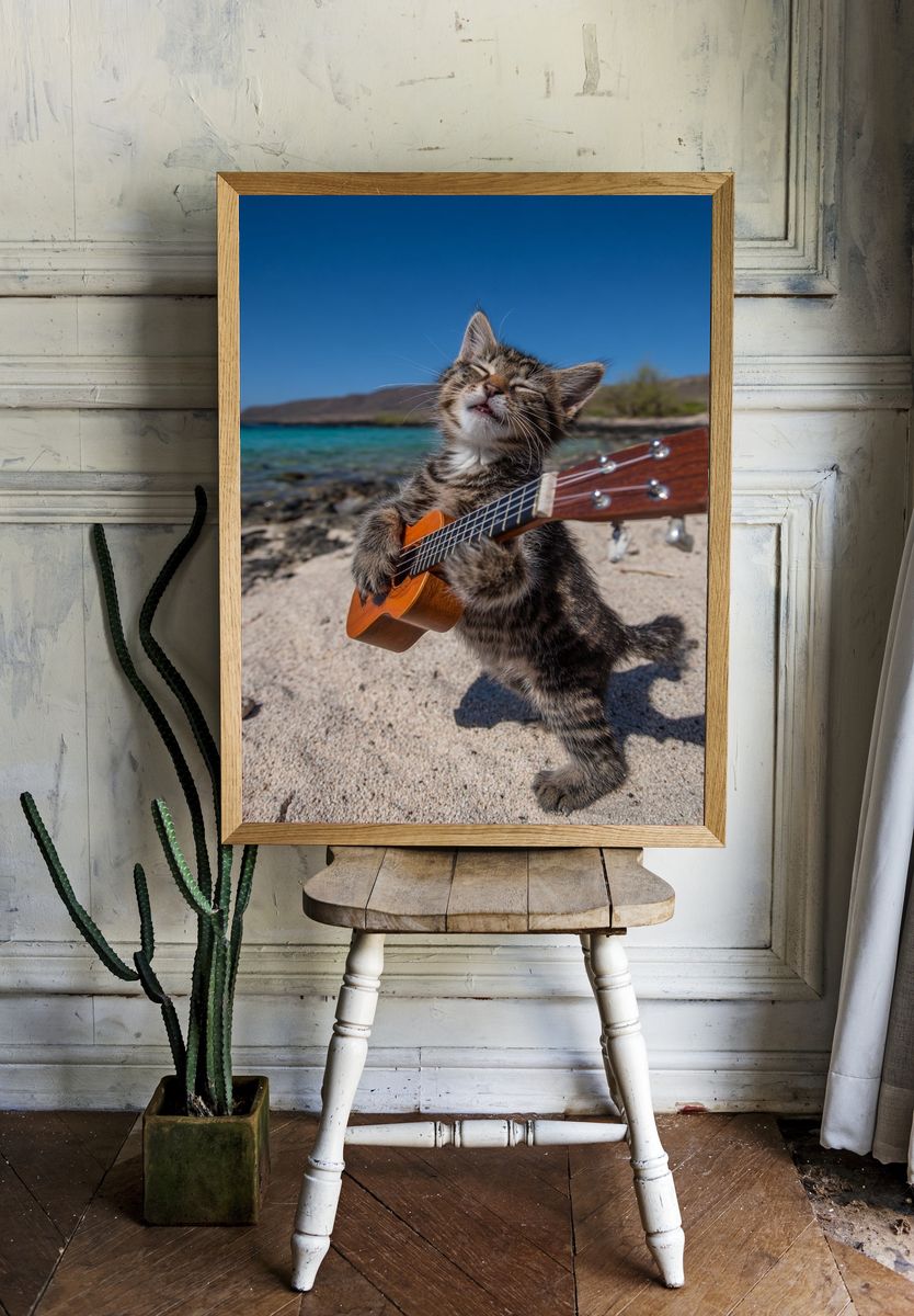 Ukulele Cat Beach Photography Poster. — room view 1