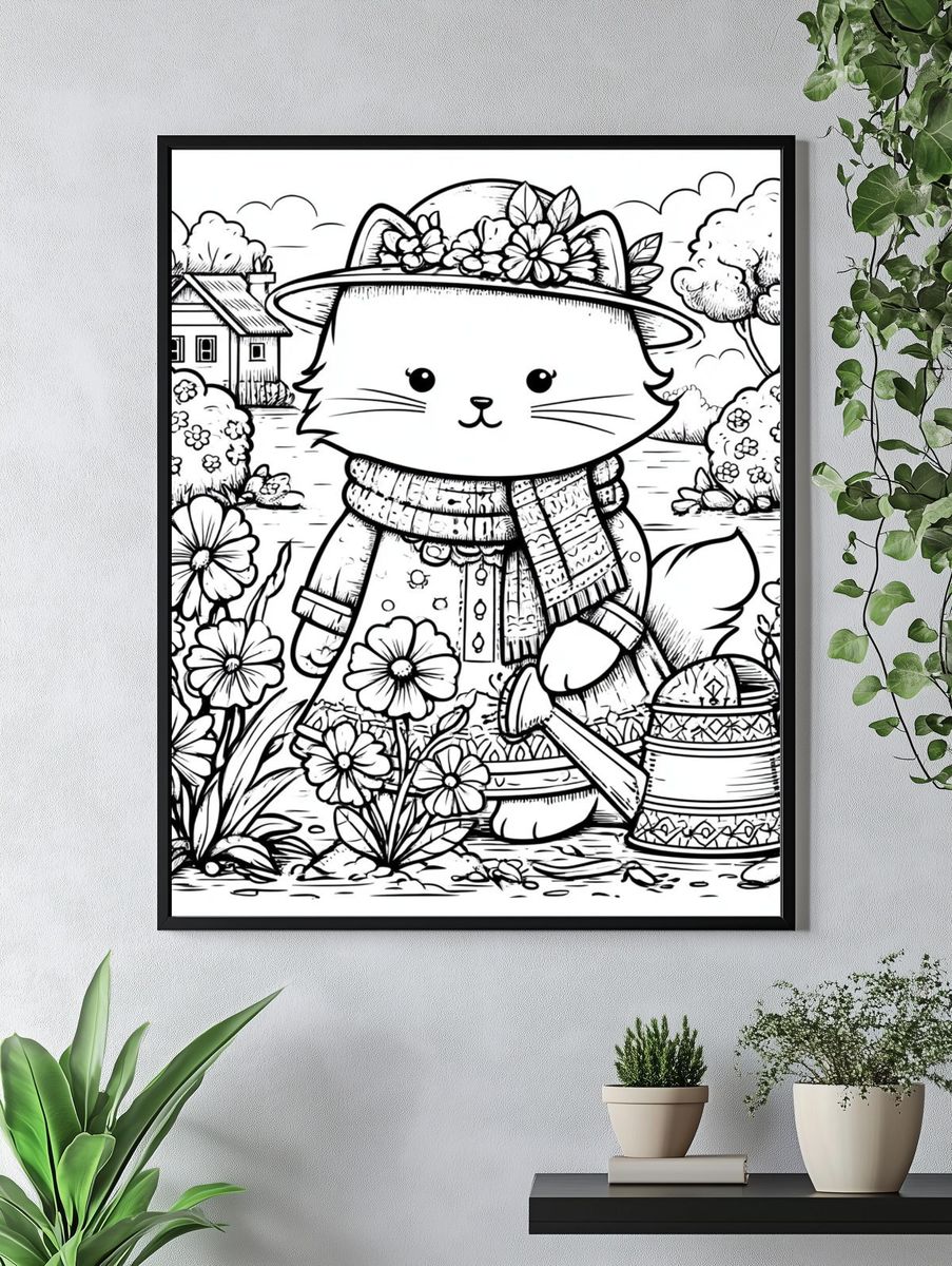 Garden Cat Coloring Poster. — room view 4