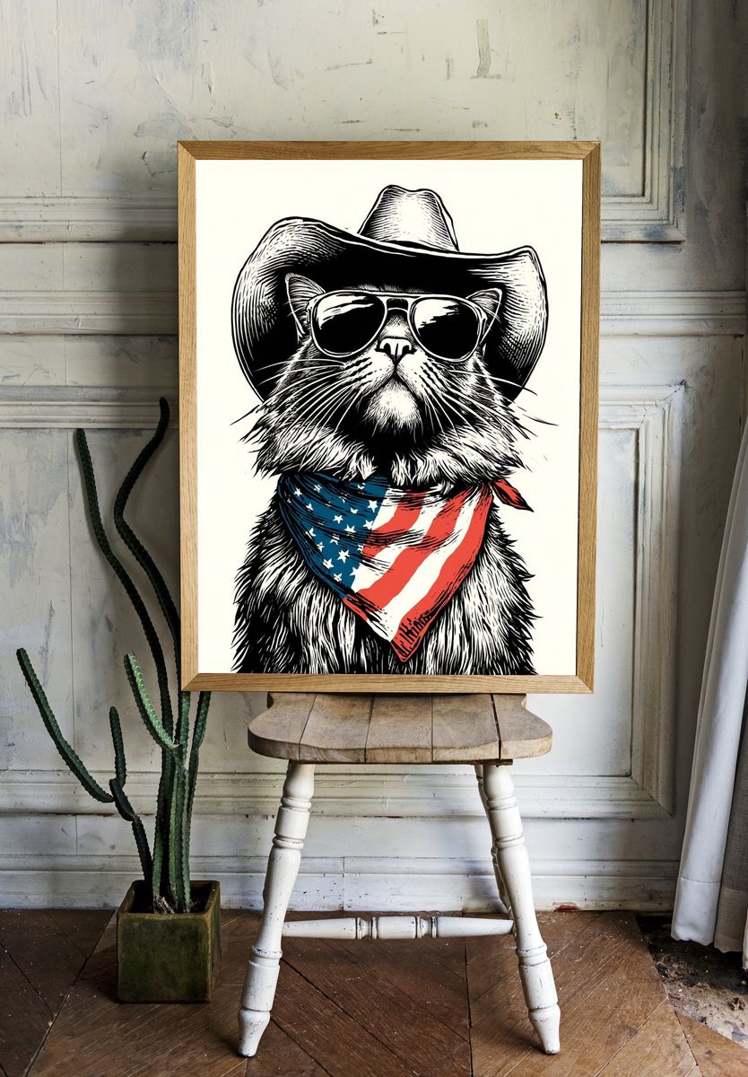 Cowboy Cat Illustration Poster. — room view 1