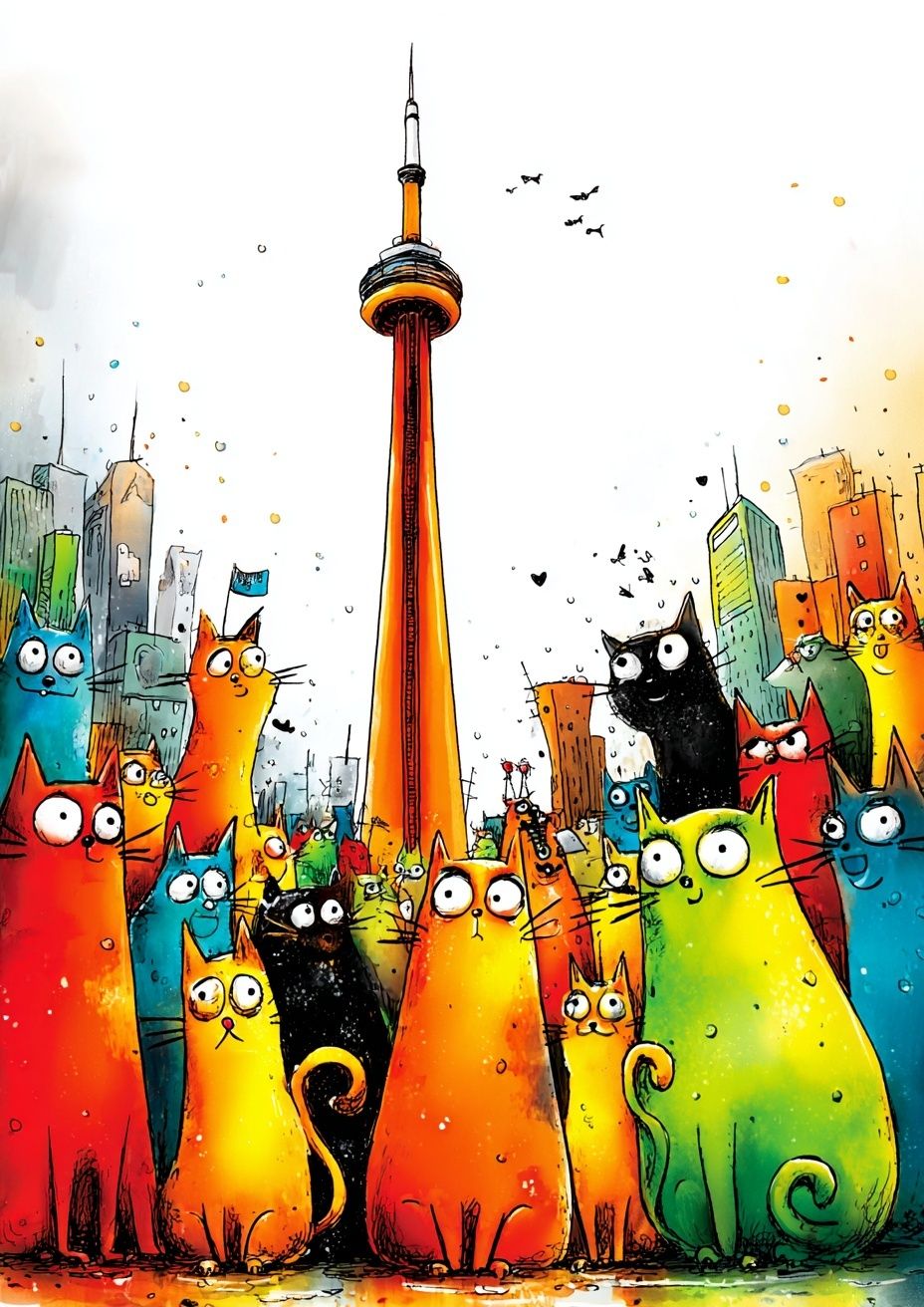 Colorful Cats in the City — Illustration Print. poster detail