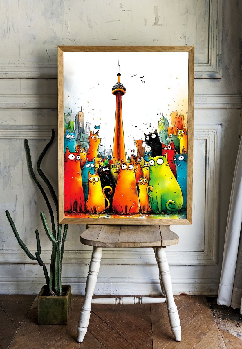 Colorful Cats in the City — Illustration Print room preview