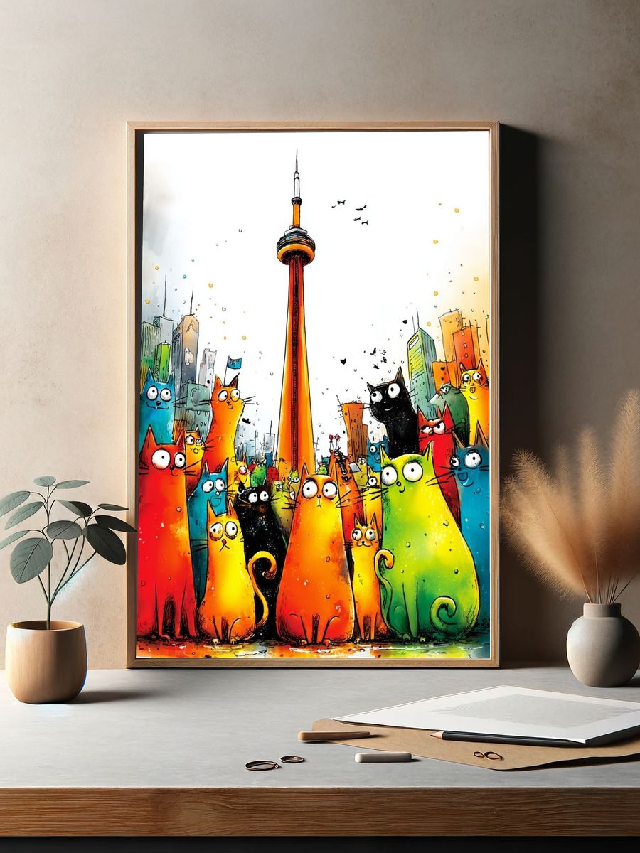 Colorful Cats in the City — Illustration Print. — room view 2