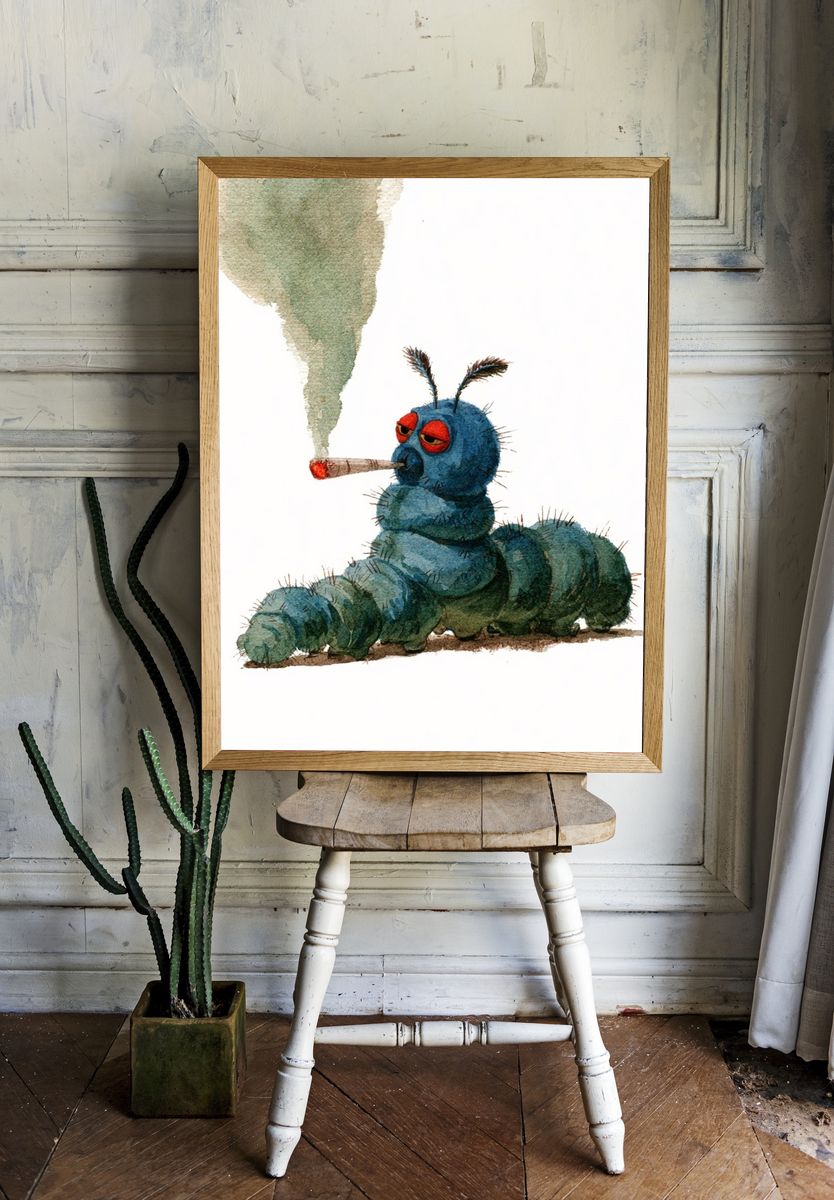 Smoking Caterpillar Watercolor Print. room preview