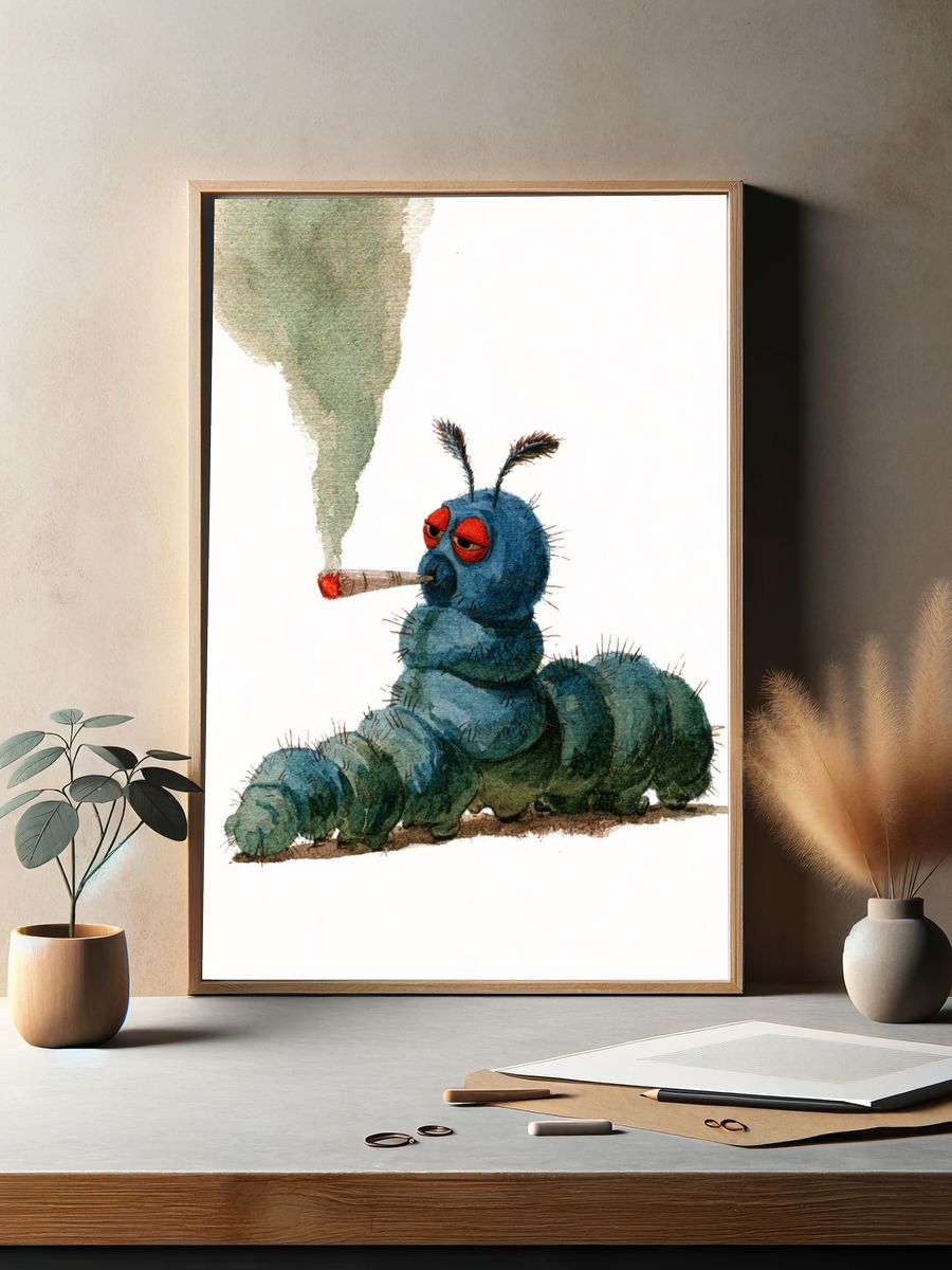 Smoking Caterpillar Watercolor Print. — room view 2