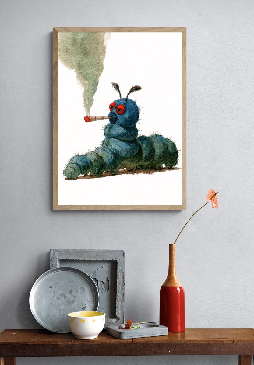 Smoking Caterpillar Watercolor Print. — room view 3