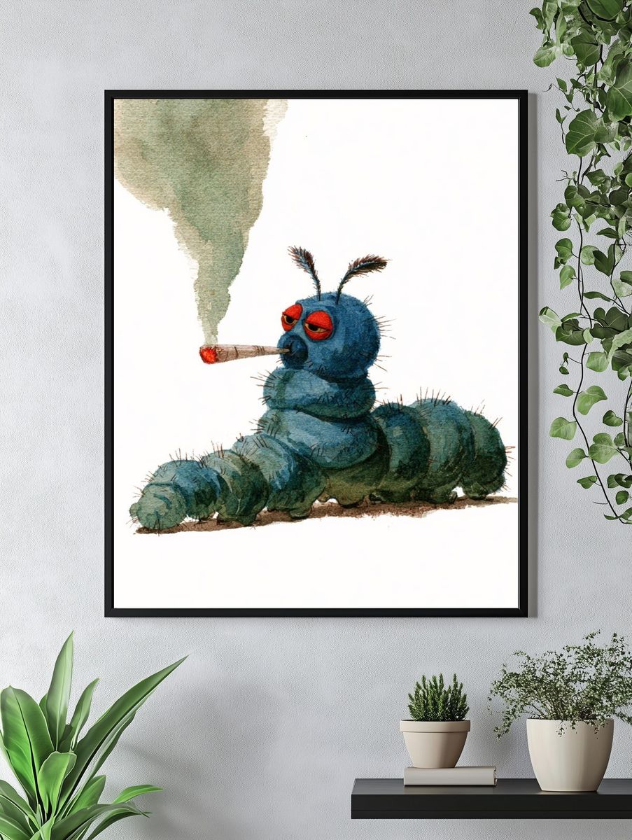 Smoking Caterpillar Watercolor Print. — room view 4