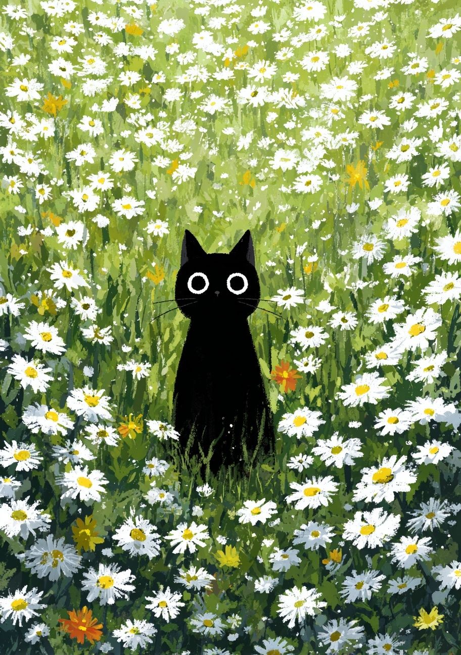 Black Cat in Flower Field — Illustration Print. poster detail