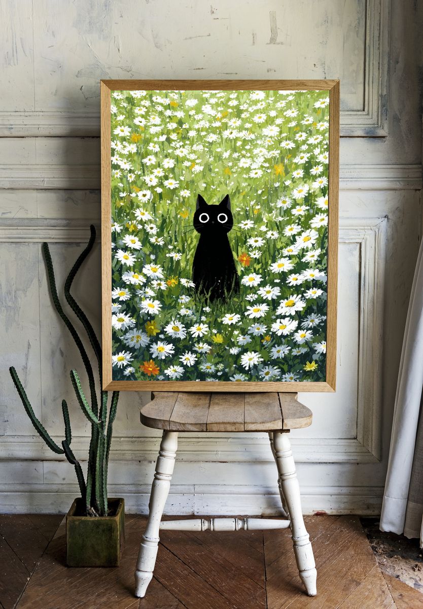 Black Cat in Flower Field — Illustration Print. room preview