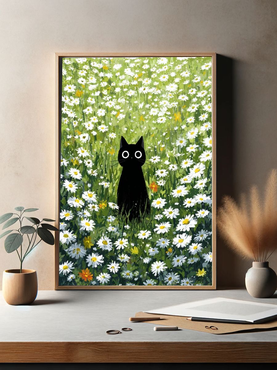 Black Cat in Flower Field — Illustration Print. — room view 2