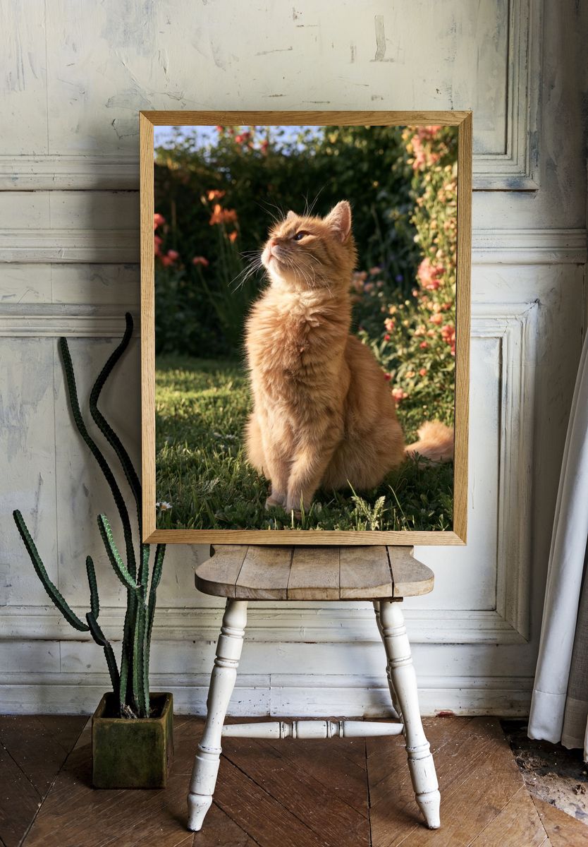 Ginger Cat in Garden Photography Poster. — room view 1
