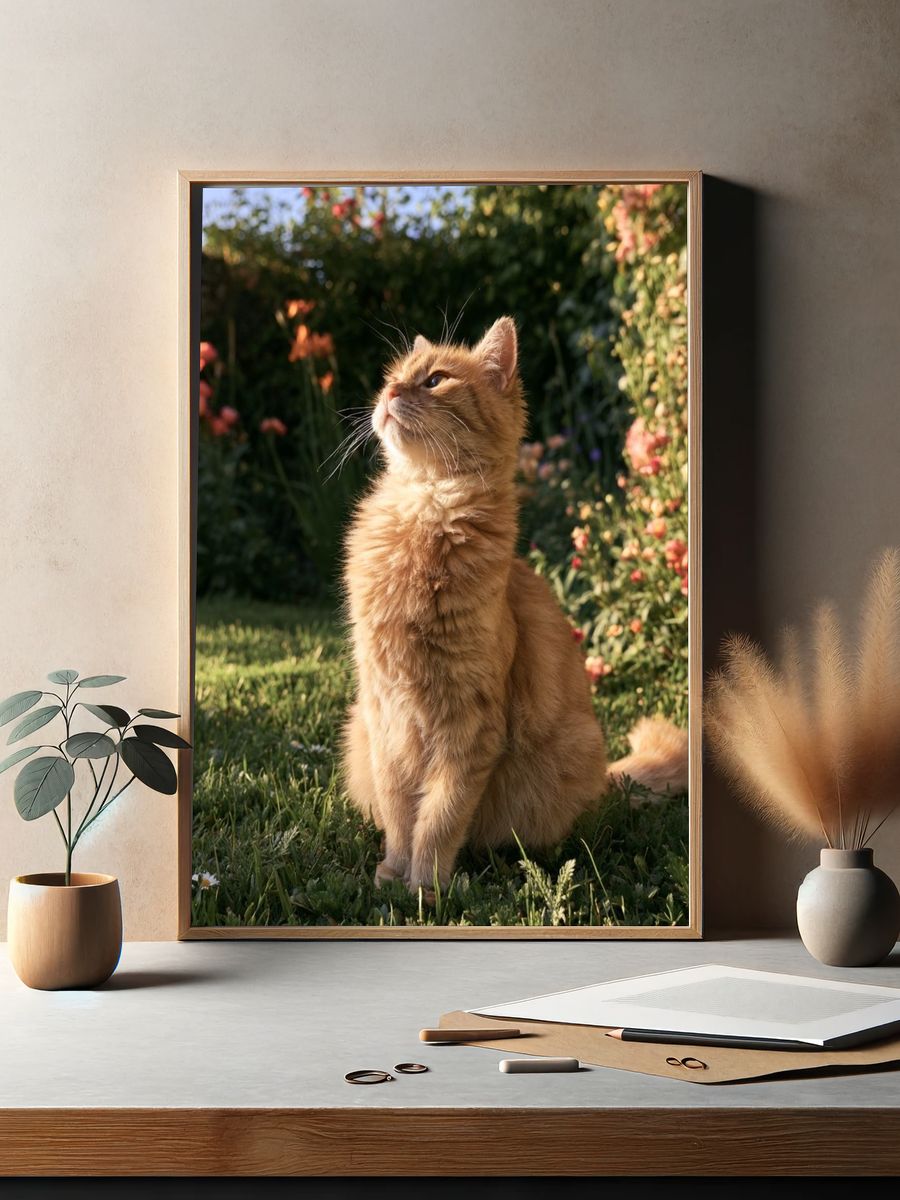 Ginger Cat in Garden Photography Poster. — room view 2