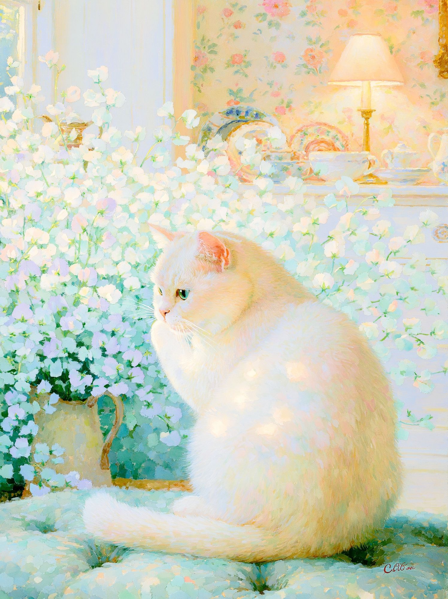 White Cat in Floral Room Poster. poster detail