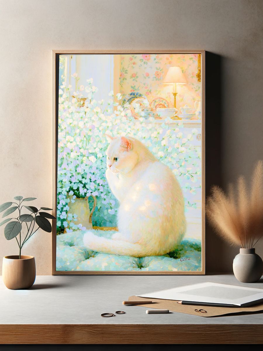 White Cat in Floral Room Poster. — room view 2