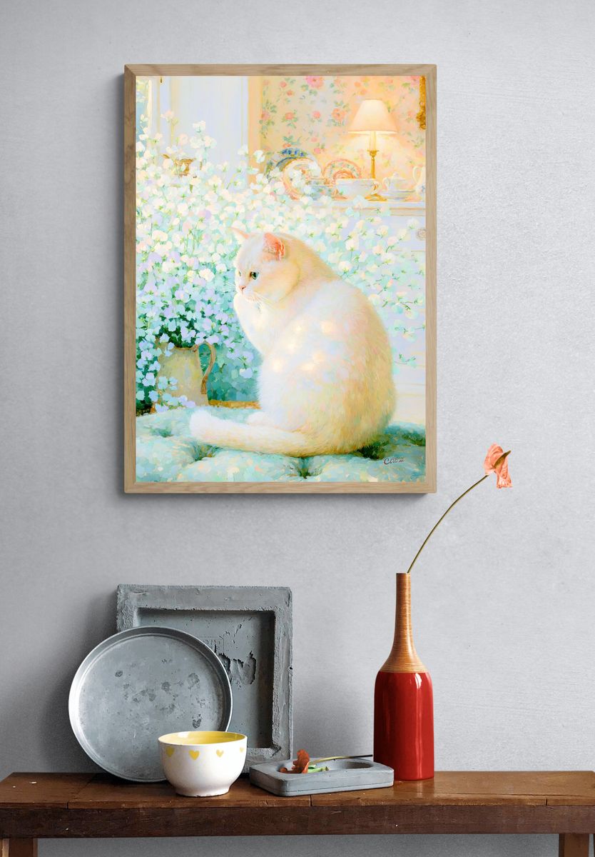 White Cat in Floral Room Poster. — room view 3