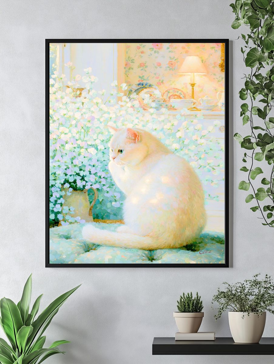 White Cat in Floral Room Poster. — room view 4