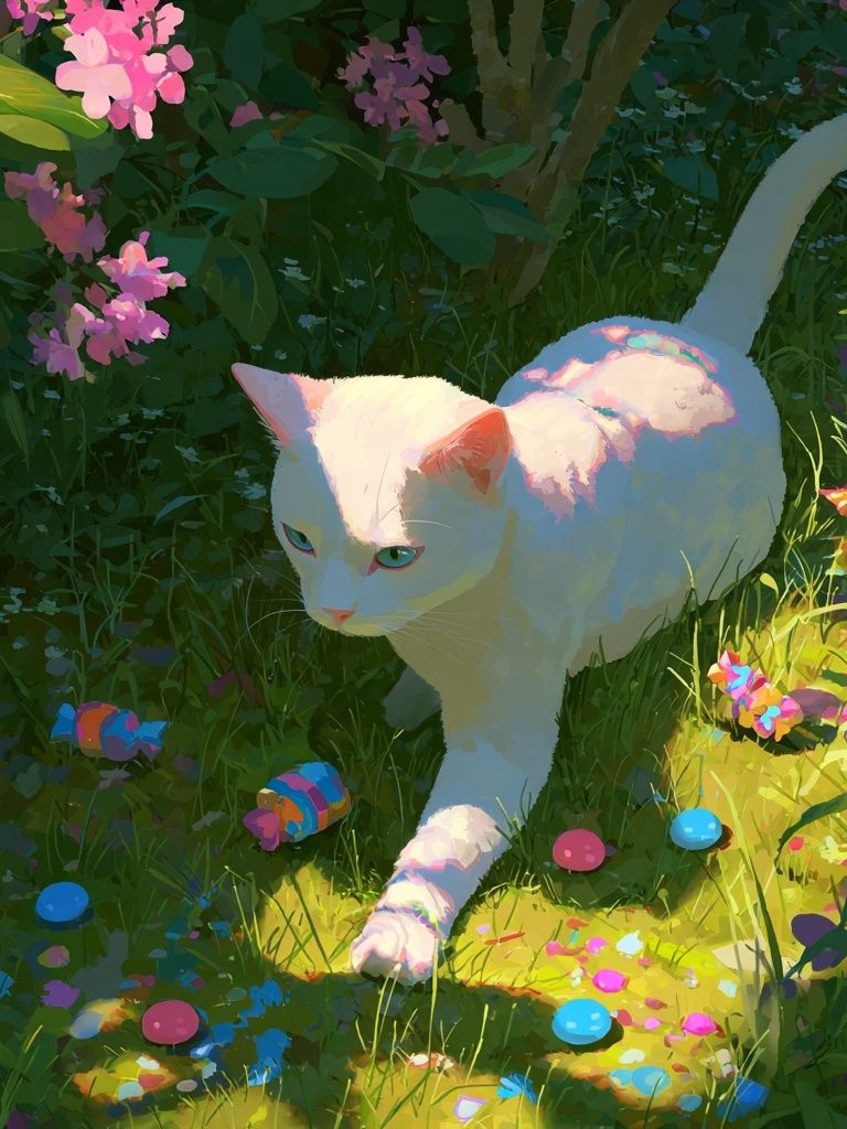 White Cat in Garden — Illustration Print. poster detail