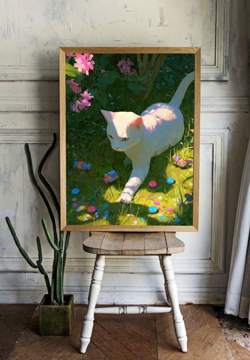 White Cat in Garden — Illustration Print room preview