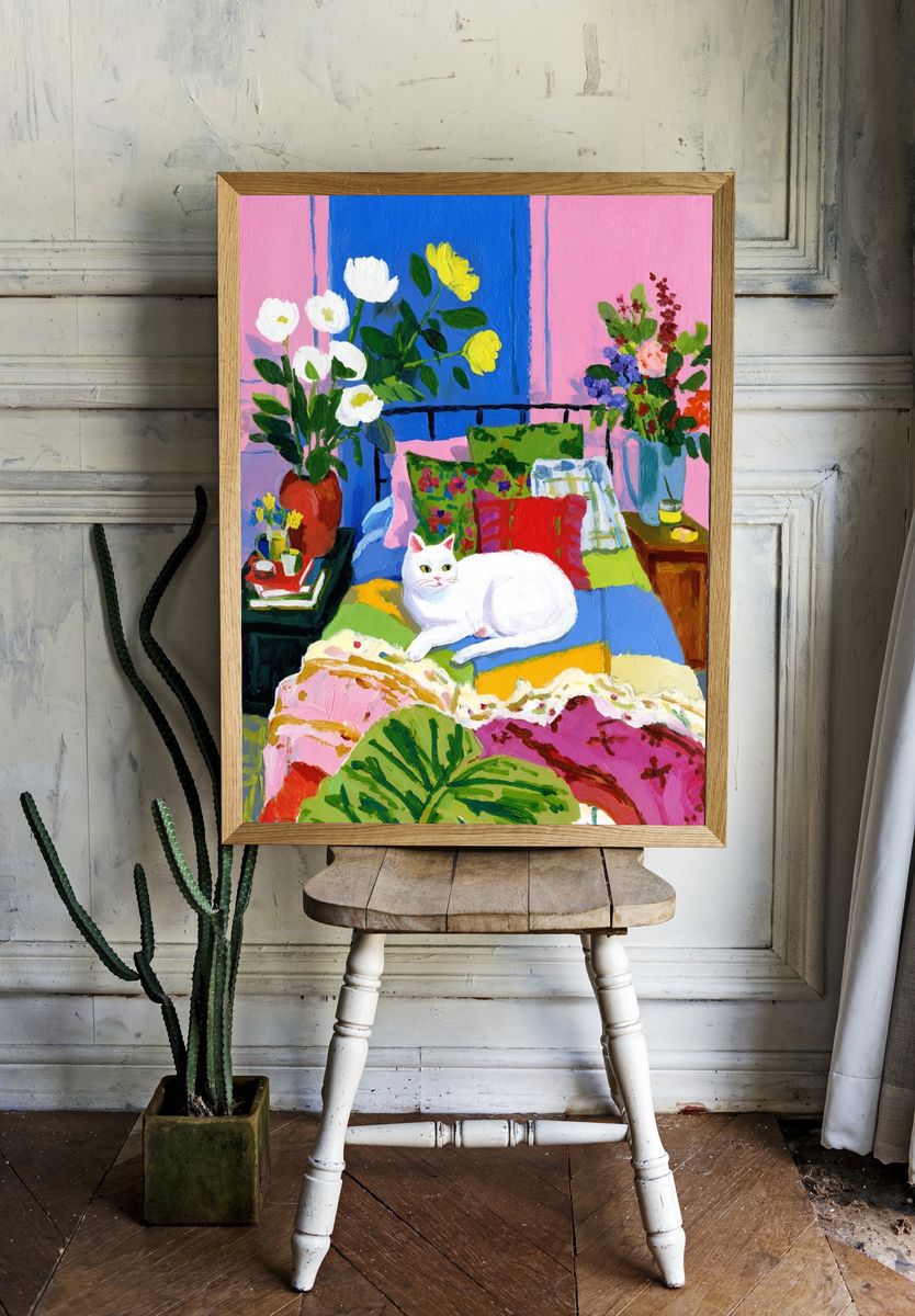 White Cat Bedroom Painting Poster. — room view 1