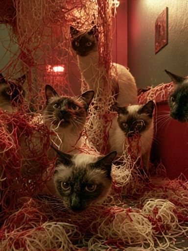 Siamese Cats in Red Tangle Poster. poster — animals art