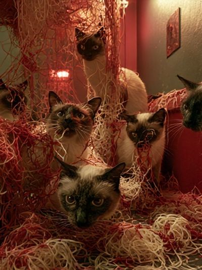 Siamese Cats in Red Tangle Poster. poster