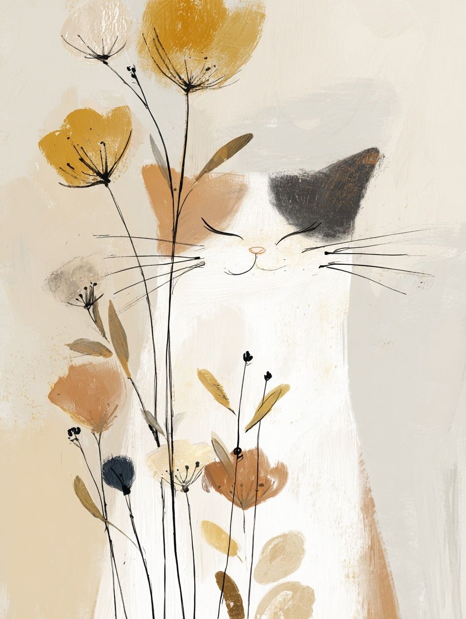 Whimsical Cat with Flowers — Illustration Print. poster — illustration art