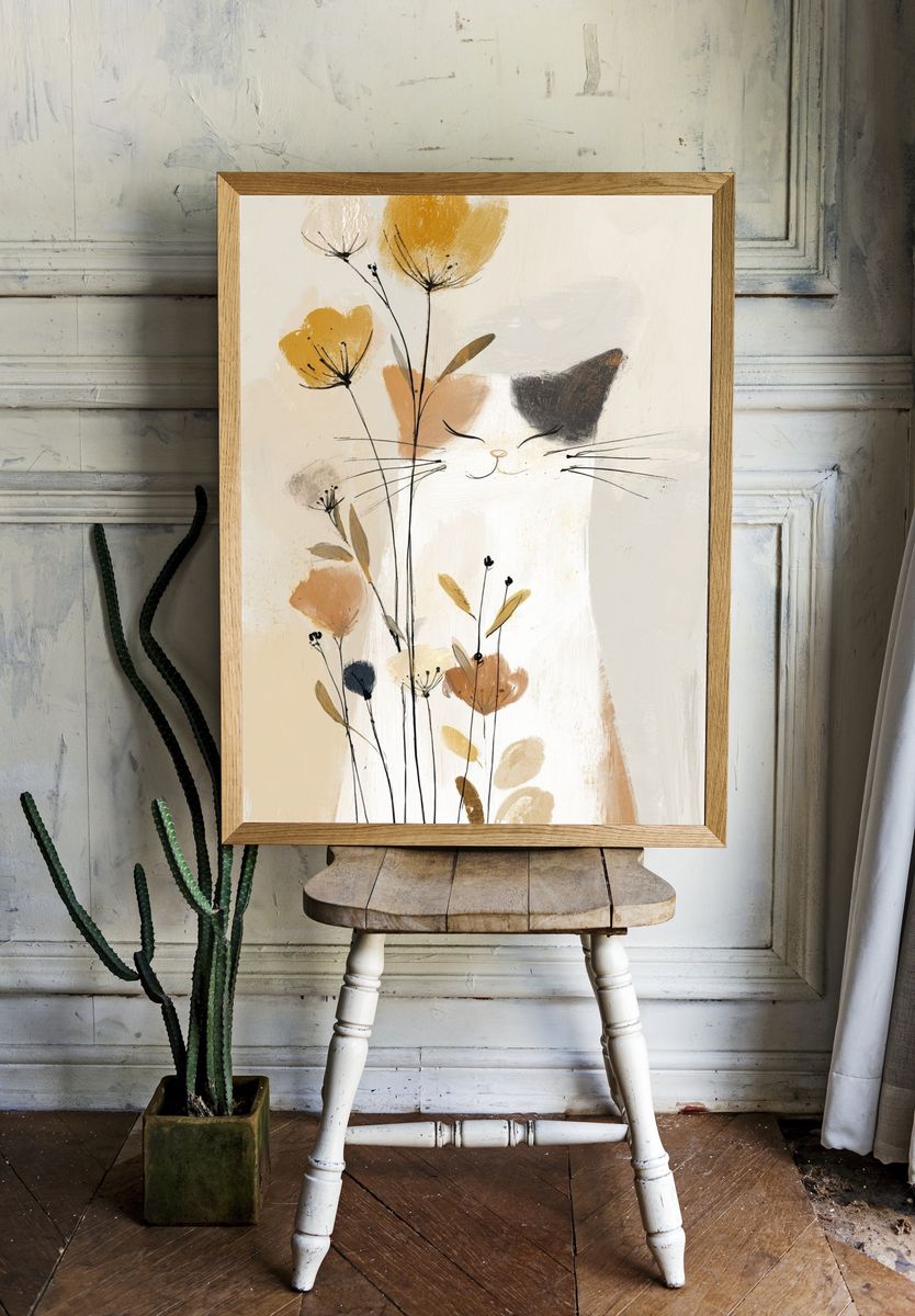 Whimsical Cat with Flowers — Illustration Print room preview