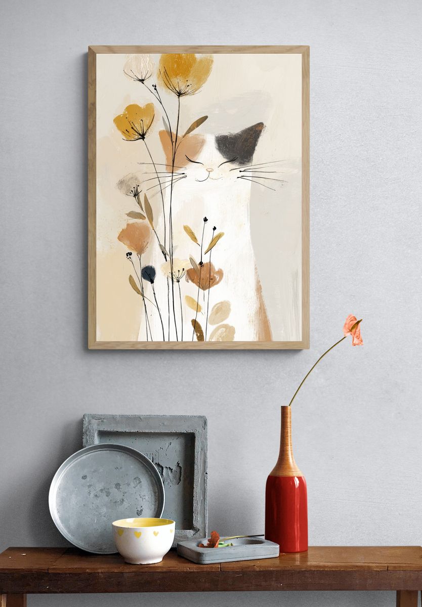Whimsical Cat with Flowers — Illustration Print. — room view 3
