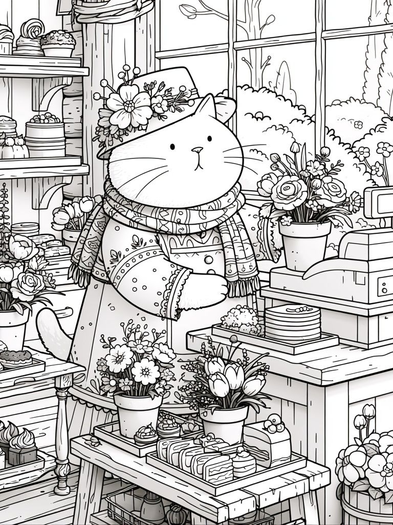 Cat Florist Coloring Poster. poster detail
