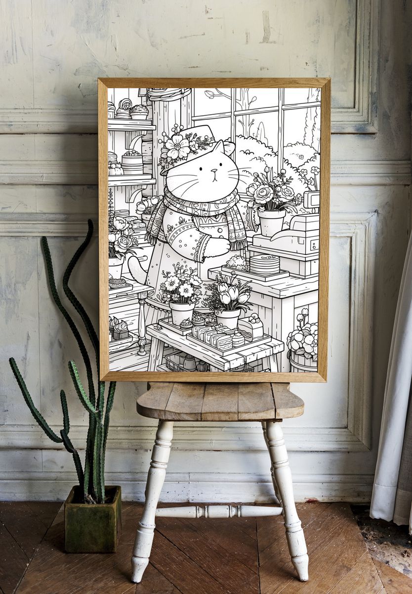 Cat Florist Coloring Poster. — room view 1