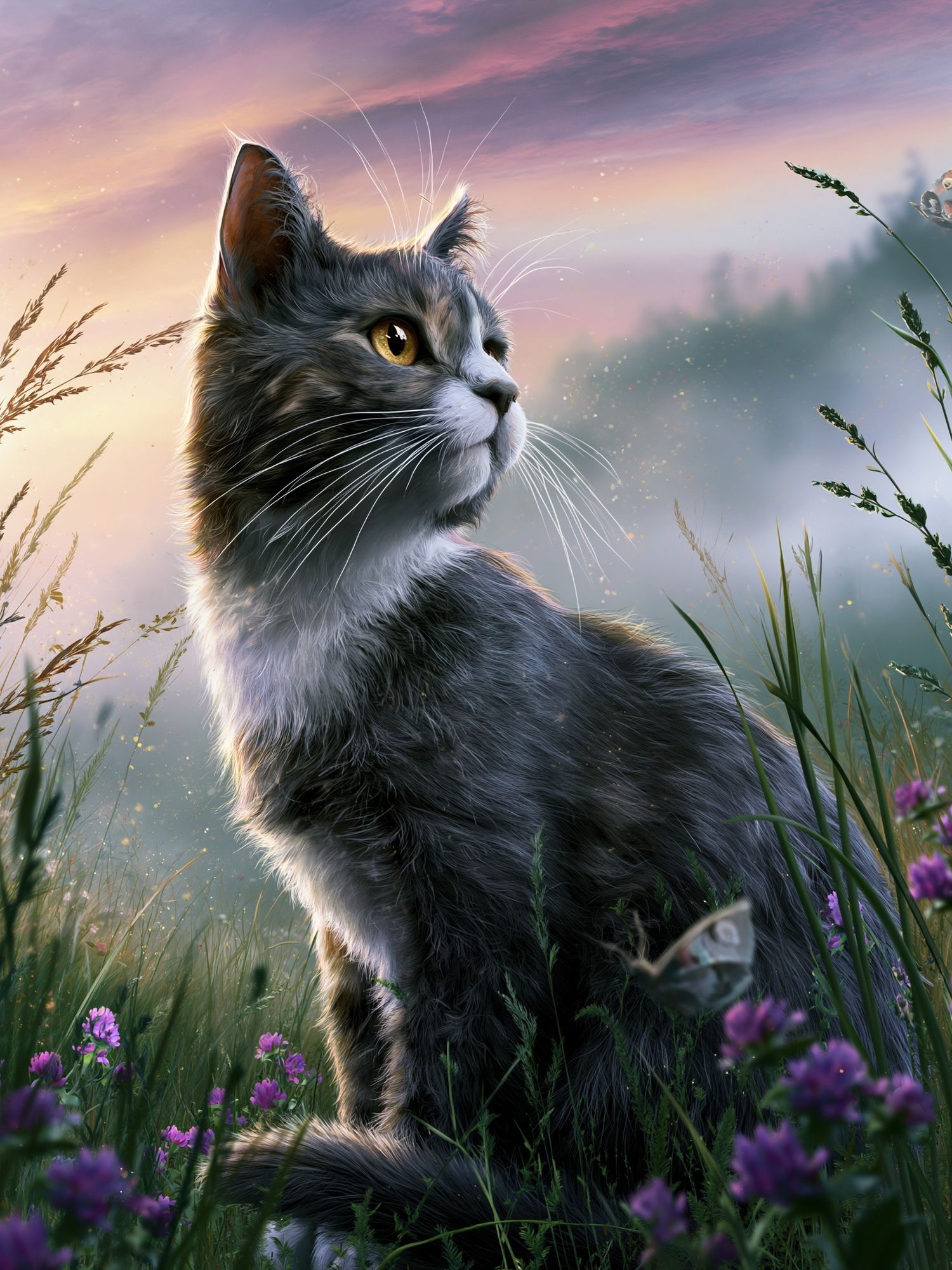 Dreamy Cat Meadow Illustration Poster. poster detail
