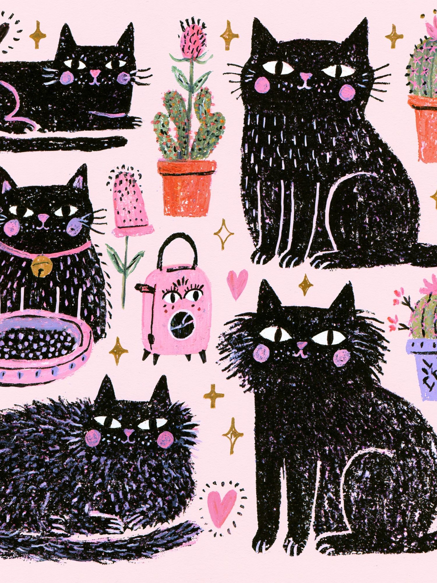 Playful Black Cats Illustration Poster. poster detail