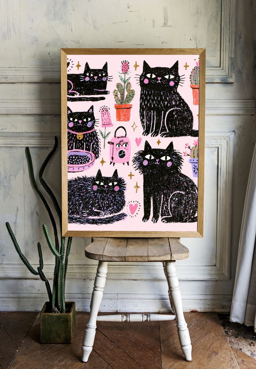 Playful Black Cats Illustration Poster. room preview