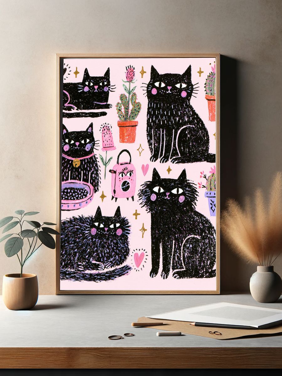 Playful Black Cats Illustration Poster. — room view 2