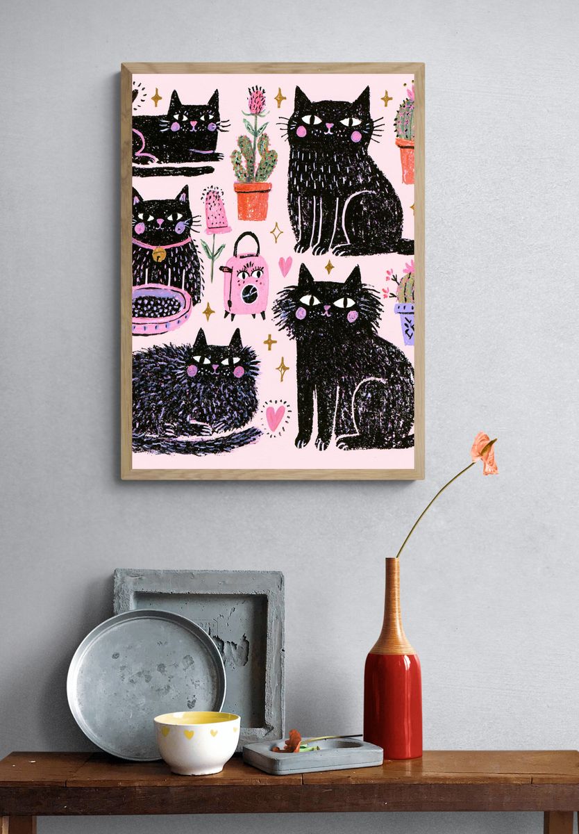 Playful Black Cats Illustration Poster. — room view 3